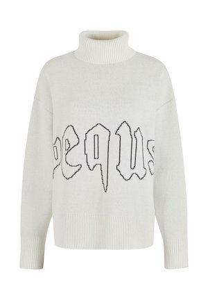 Witte gebreide trui met een hoge kraag, oversized pasvorm en zwart grafisch tekstontwerp op de voorkant. Geribbelde manchetten en zoom.