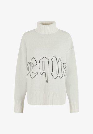 Weißer gestrickter Pullover mit hohem Kragen, oversize Schnitt und schwarzem Grafiktextdesign auf der Vorderseite. Gerippte Bündchen und Saum.