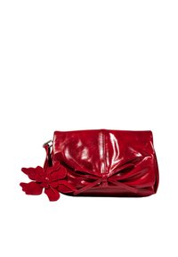 Borsa a pochette rossa in pelle con un accento floreale e dettagli con fiocco sulla parte anteriore. Texture liscia con una forma strutturata e finitura lucida.