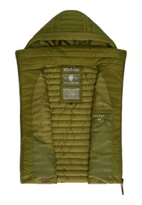 Maslinasto zeleni puffer kaput s odvojivim kapuljačom, kvadratnim uzorkom, zatvaranjem na patentni zatvarač i unutarnjim oznakama. Mekan, lagan materijal.