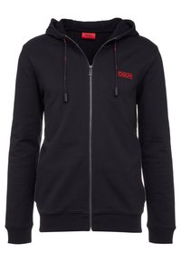 Felpa nera con zip realizzata in tessuto misto cotone, con una texture morbida, dotata di cappuccio e dettaglio del logo rosso sul petto.