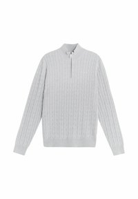 Jasnoszara, dzianinowa bluza z golfem i pół-zamkiem. Teksturowany wzór na całej powierzchni, długie rękawy i ribbowe mankiety.