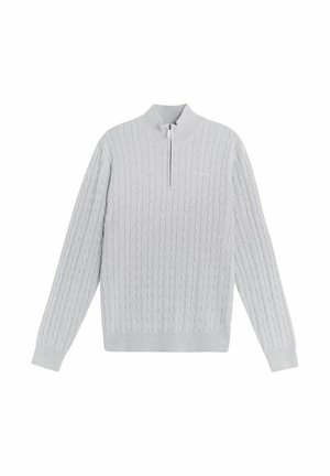 Jasnoszara, dzianinowa bluza z golfem i pół-zamkiem. Teksturowany wzór na całej powierzchni, długie rękawy i ribbowe mankiety.