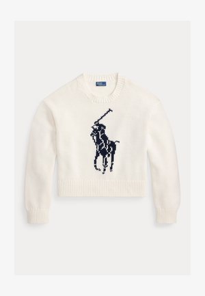 Pull blanc en maille avec col et ourlet côtelés. Présente un motif de joueur de polo bleu foncé au centre. Design court, manches longues.