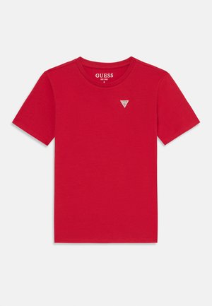 Rode katoenen T-shirt met ronde hals en korte mouwen, voorzien van een klein driehoekig logo op de linkerborst.