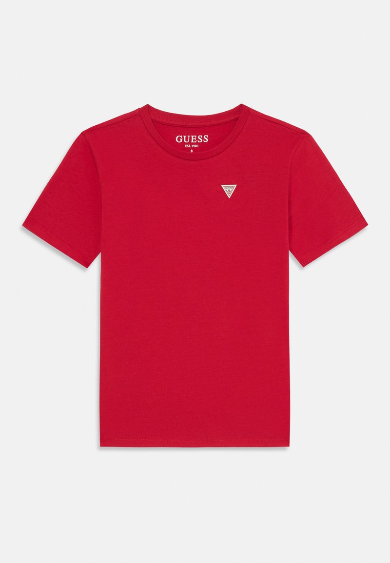 Rød bomulls t-skjorte med rund hals og korte ermer, med en liten trekantet logo på venstre bryst.