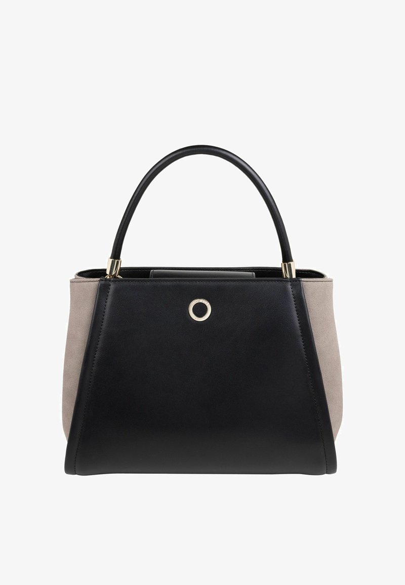 Torba typu tote w czarnej i beżowej skórze, o strukturalnym designie z zaokrąglonymi uchwytami, akcentach w złotym kolorze i okrągłym detalu z przodu.