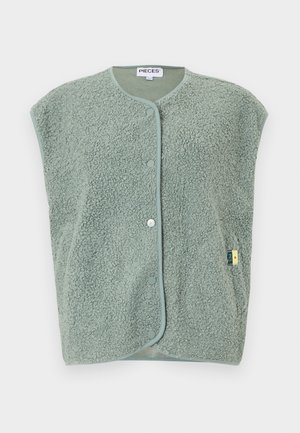 Ærmeløs, lysegrøn tekstureret fleecevest med trykknapper foran, rundet halsudskæring og lille sidemærkedetalje.