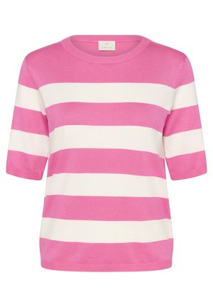 Haut en maille à manches courtes avec larges rayures horizontales roses et blanches et un col rond.