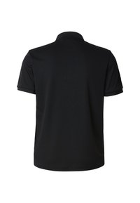 Czarna koszulka polo z krótkim rękawem, wykonana z gładkiego materiału, z klasycznym kołnierzykiem i bez widocznych logo ani ozdób na plecach.