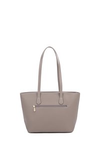 Sac fourre-tout gris texturé avec doubles poignées, une poche extérieure zippée et une forme structurée. Présente une finition lisse, idéale pour un usage quotidien.