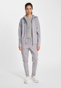 Ljusgrå sportoutfit bestående av en zip-up hoodie och matchande joggers. Slät tyg med dragsko och logodetaljer.