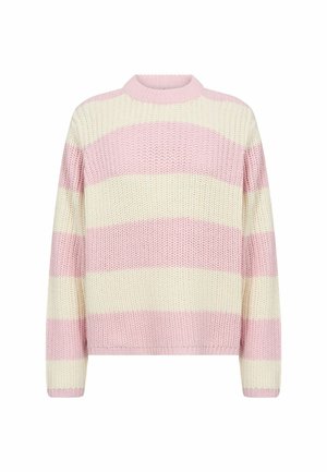Csíkos pulóver világos rózsaszín és krém színekben, bordázott kerek nyakkivágással és laza kötésű textúrával. Hosszú ujjak, kényelmes, laza szabásban.