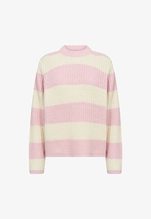 Pull-over rayé en rose clair et crème, présentant un col ras du cou côtelé et une texture en maille lâche. Manches longues avec une coupe décontractée.