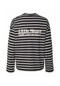 Chemise à manches longues rayée noir et blanc avec le texte "Little Heart Laugh Loud Love Smart" imprimé au centre du dos.
