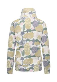 Maglione a collo alto con motivi ad alberi colorati in verde, giallo, rosa e viola su sfondo bianco. Tessuto morbido.