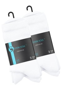 Calze bianche a crew confezionate in una scheda nera, con un polsino a coste e etichettate per le taglie 39-42, con tre paia inclusi.