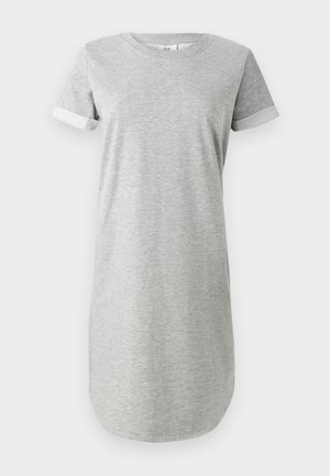 Siva obleka s kratkimi rokavi, izdelana iz mehkega bombaža, z okroglim izrezom in z zapetimi rokavi. Gladka tekstura z udobnim krojem.