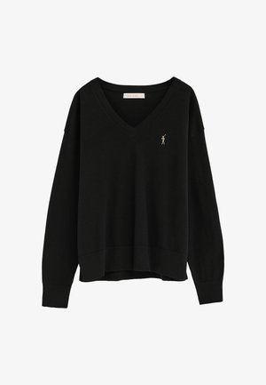 Schwarzer V-Ausschnitt Langarm-Pullover mit gerippten Bündchen und Saum, mit kleinem hellbeigem Polo-Spieler-Logo auf der linken Brust.