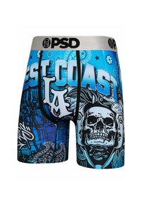Férfi boxer alsónadrág kék és fekete színben koponya és "West Coast" grafikával, fekete, logóval ellátott rugalmas derékpánttal.