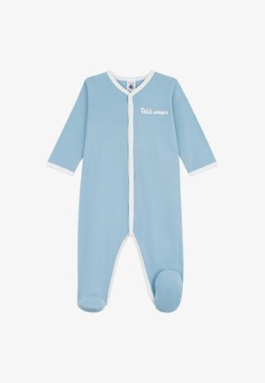 Body azzurro chiaro per neonato con maniche lunghe, rifiniture bianche, bottoni a pressione sul davanti e la scritta "Petit amour" ricamata sul petto.