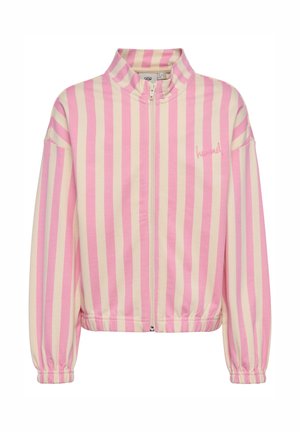 Roze en crème verticale gestreepte jas met ritssluiting, opstaande kraag, elastische manchetten en kleine geborduurde tekst op de linkerborst.