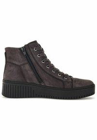 Hochschnittige graue Wildledersneaker mit einer massiven schwarzen Gummisohle, seitlichem Reißverschluss und rundem Zehendesign.