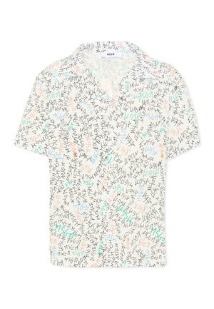 Hvid kortærmet skjorte med krave, dækket af flerfarvet "MSGM" tekst i sort, blå, orange og grøn håndskrevet stil.