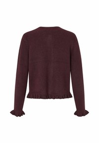 Bordeaux pletený sveter s dlhými rukávmi, volánovými detailami na manžetách a leme a okrúhlym výstrihom. Mäkka textura, skrátený strih.