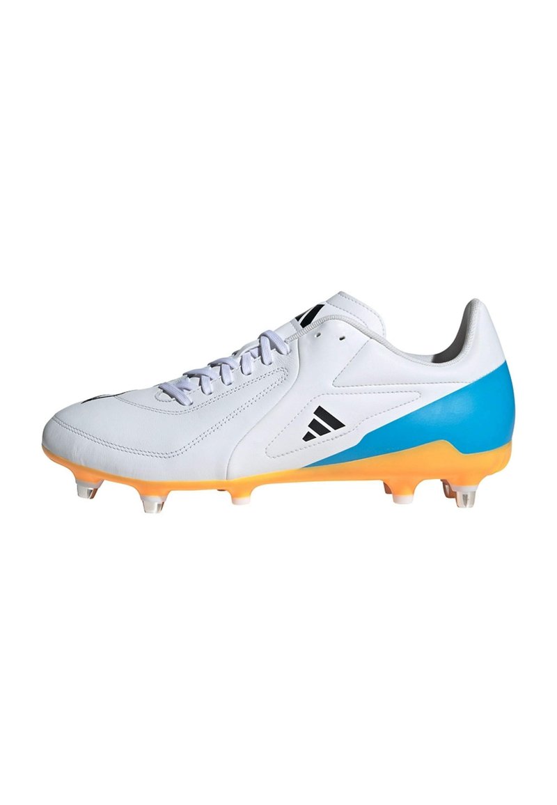 White soccer cleat featuring a sleek design, blue accents, orange outsole, and black logo, with a textured upper and traditional lace closure.