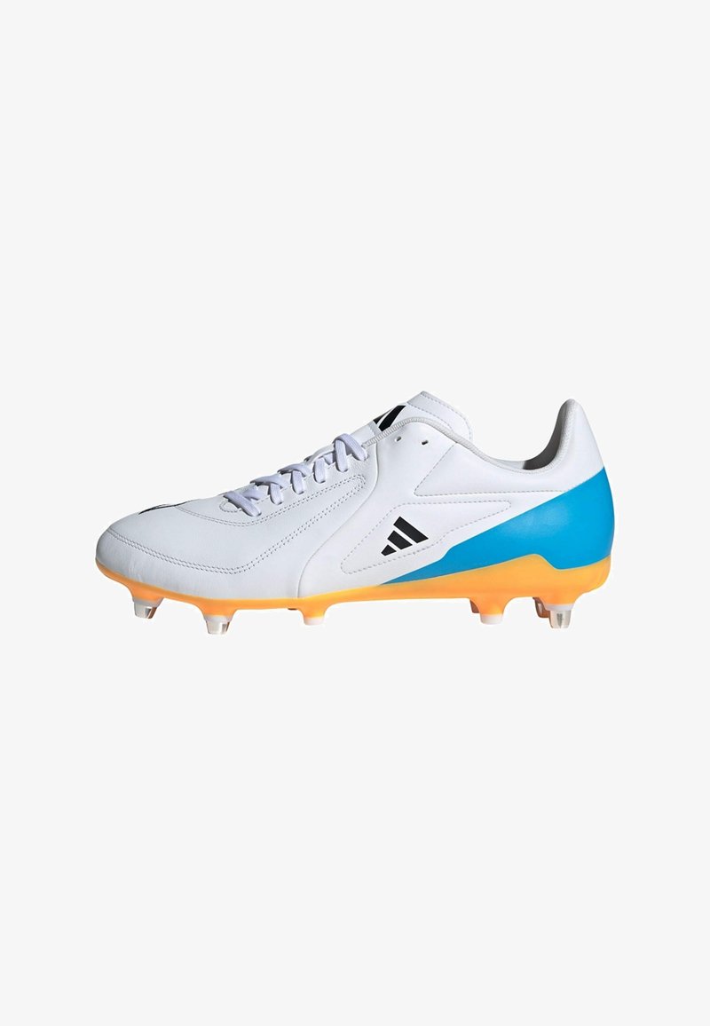 White soccer cleat featuring a sleek design, blue accents, orange outsole, and black logo, with a textured upper and traditional lace closure.