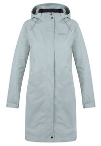 Světle modrá nepromokavá parka s vysokým límcem, nastavitelnou kapucí, dlouhými rukávy a bočními kapsami. Hladký, mírně lesklý materiál.