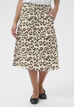 Midi suknja s leopard uzorkom, elastičnim pojasom, detaljem za vezanje i bočnim džepovima. Izrađena od lagane tkanine.