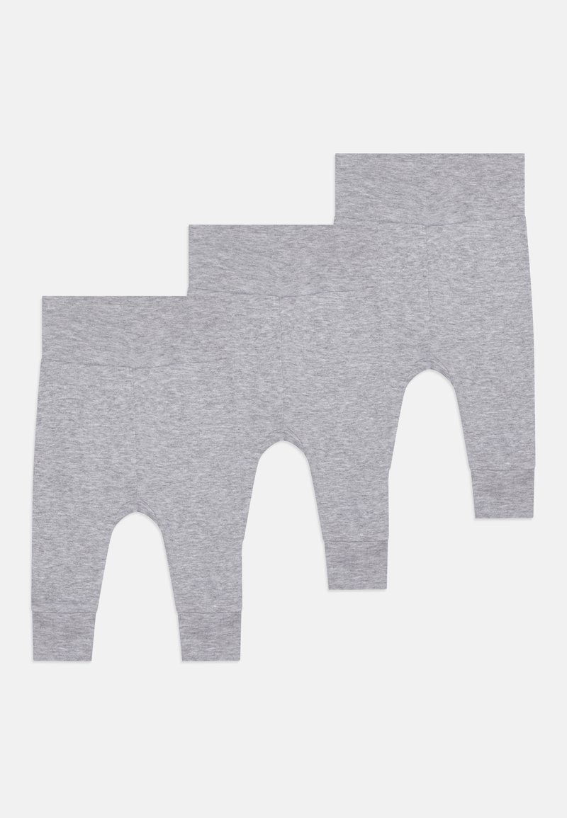 Gray cotton leggings set in three sizes. Features elastic waistbands and footless design with rounded hems. Soft, smooth texture.