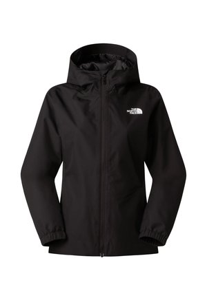 Μαύρο μπουφάν με κουκούλα, ελαστικά μανίκια και φερμουάρ μπροστά, με το λογότυπο της The North Face στο πάνω αριστερό μέρος του στήθους.