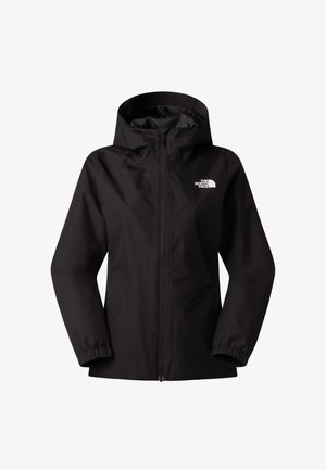 Chaqueta negra con capucha, puños elásticos y cremallera frontal, con el logo de The North Face en el pecho superior izquierdo.