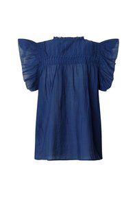 Blusa blu navy con maniche corte e arricciate e un corpetto arricciato. Realizzata in tessuto leggero con una vestibilità ampia e fluida.