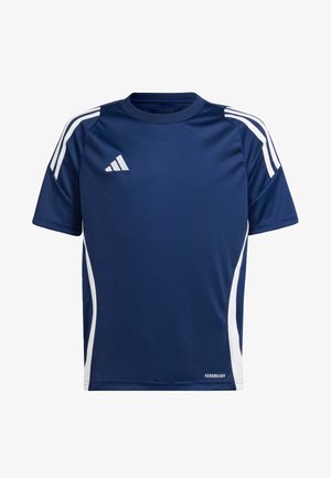 Mornarskoplavi kratki sportski dres s okruglim izrezom, bijelim bočnim detaljima i tri bijele pruge na ramenima. Ima logo na prsima.
