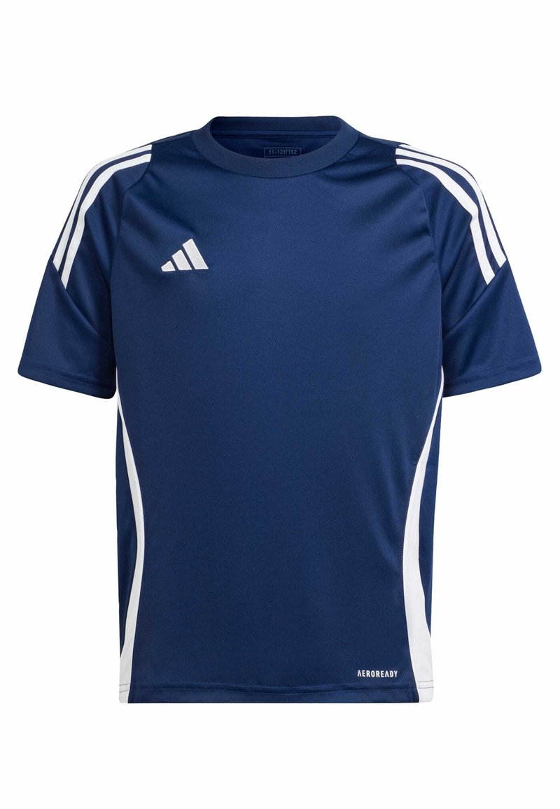 Navy blue short-sleeve sports jersey with a round neck, white side accents, and three white stripes on the shoulders. Features a logo on the chest.
