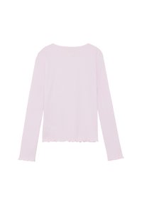 Top a manica lunga rosa chiaro a coste con orlo smerlato. La parte posteriore presenta una scollatura semplice e arrotondata senza ulteriori decorazioni.