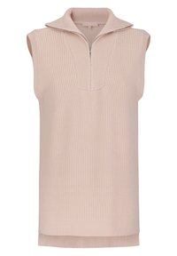 Ärmelloser Pullover aus hellrosa Rippstrick mit einem Reißverschlusskragen und einem leicht verlängerten Rückensaum für eine entspannte Passform.