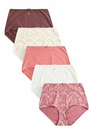 Fünf hoch taillierte Damenunterhosen mit kleinen Schleifen, in einfarbigen und floralen Mustern, in einer geschichteten Reihe angeordnet.