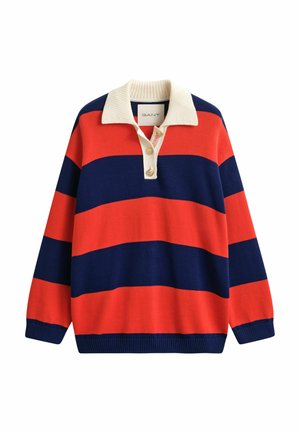Pullover-Rugbyhemd mit breiten horizontalen roten und navyblauen Streifen, cremefarbenem Rippkragen, geknöpftem Schlitz sowie gerippten Bündchen und Saum.
