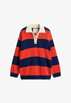 Pullover-Rugbyhemd mit breiten horizontalen roten und navyblauen Streifen, cremefarbenem Rippkragen, geknöpftem Schlitz sowie gerippten Bündchen und Saum.