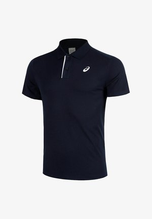 Navyblauwe polo gemaakt van een zachte stof, voorzien van een drukknoopsluiting, een witte accenstreek op de kraag en een logo op de borst.