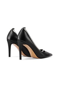 Scarpe nere con tacco alto, punta affusolata, tomaia in pelle e una fila di strass lungo l'apertura per un tocco di dettaglio in più.