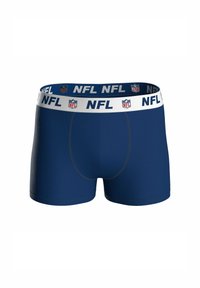 Mörkblå herrboxershorts med en vit midja som har repetitiva NFL-logotyper och text.