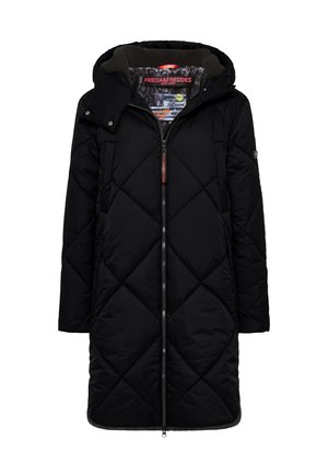 Zwarte gewatteerde pufferjas met capuchon, voorzien van een rits aan de voorkant, diagonale stiksels en een zachte, gestructureerde binnenvoering.