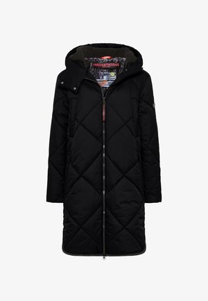 Zwarte gewatteerde pufferjas met capuchon, voorzien van een rits aan de voorkant, diagonale stiksels en een zachte, gestructureerde binnenvoering.