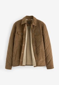 Veste en velours côtelé matelassée marron avec fermeture par boutons, poches poitrine à rabat, poches latérales et doublure polaire beige visible à l'intérieur.